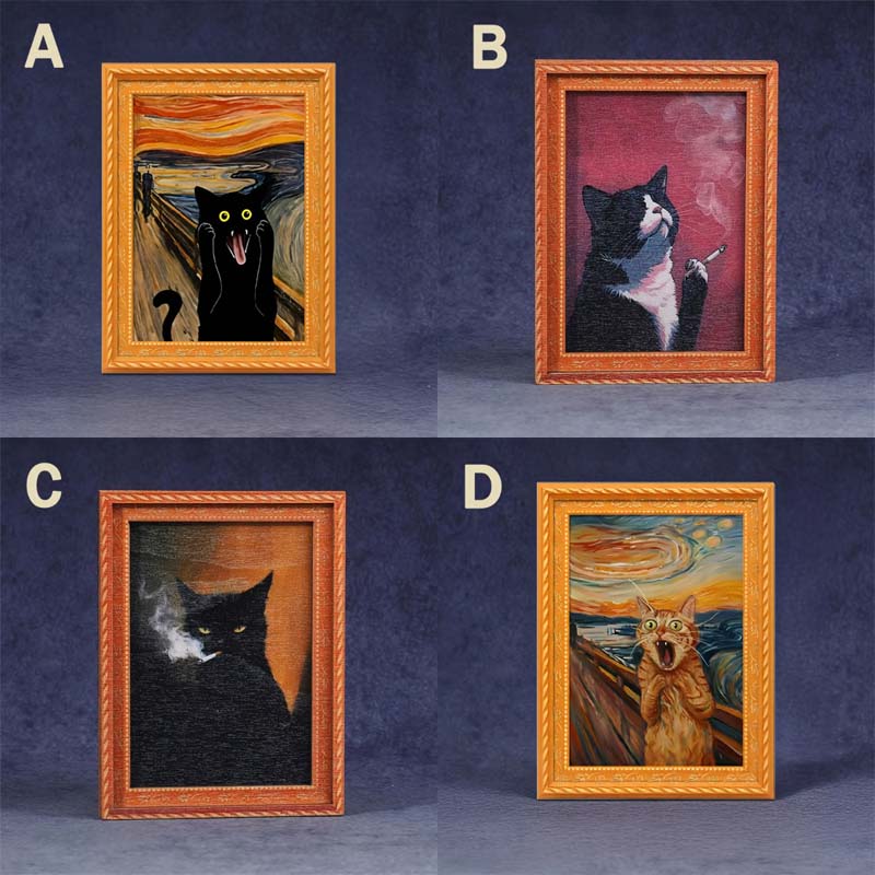 Black Cat Oil Painting Wooden Fridge Magnet Frame