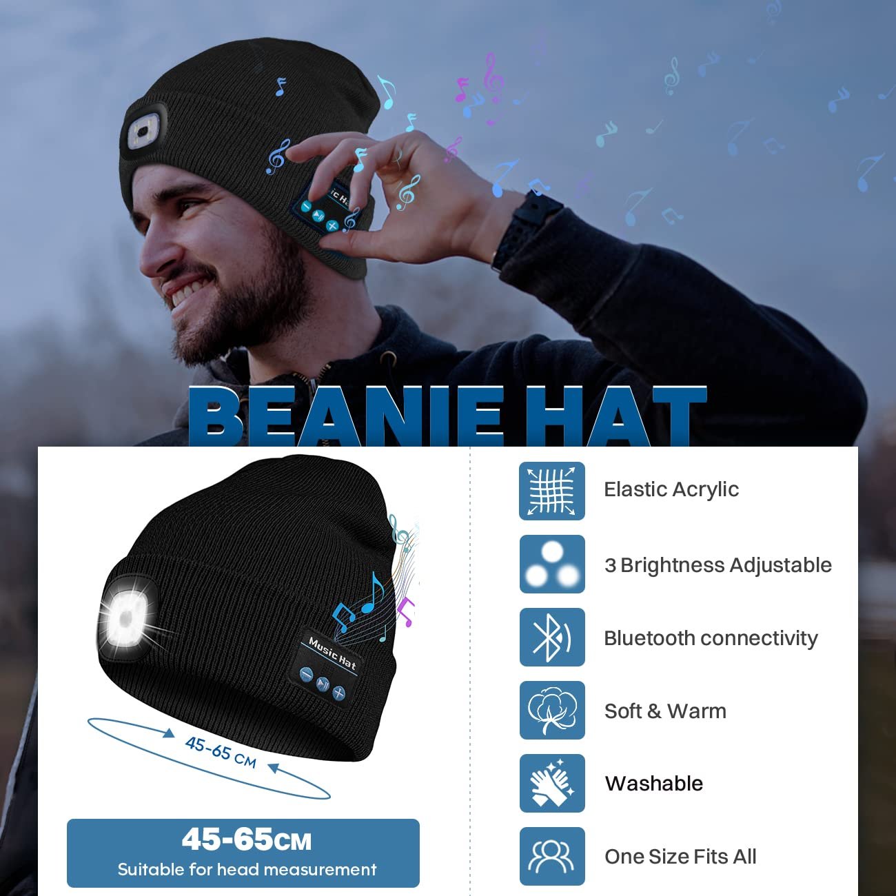 🏆Flash Sale⚡ 70K+ SOLD! Bluetooth Beanie Hat with Light🏕️
