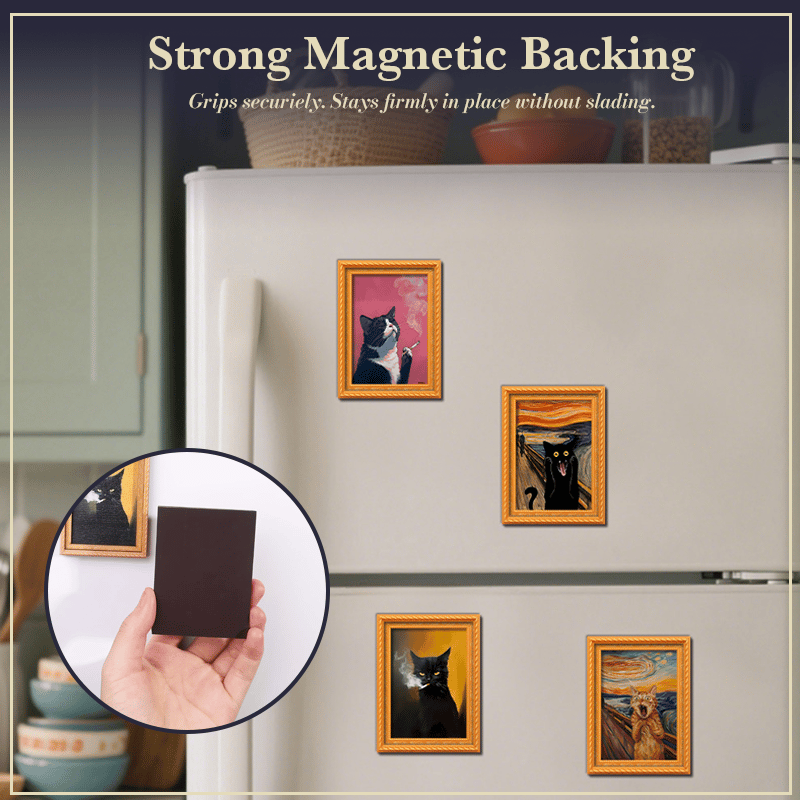 Black Cat Oil Painting Wooden Fridge Magnet Frame