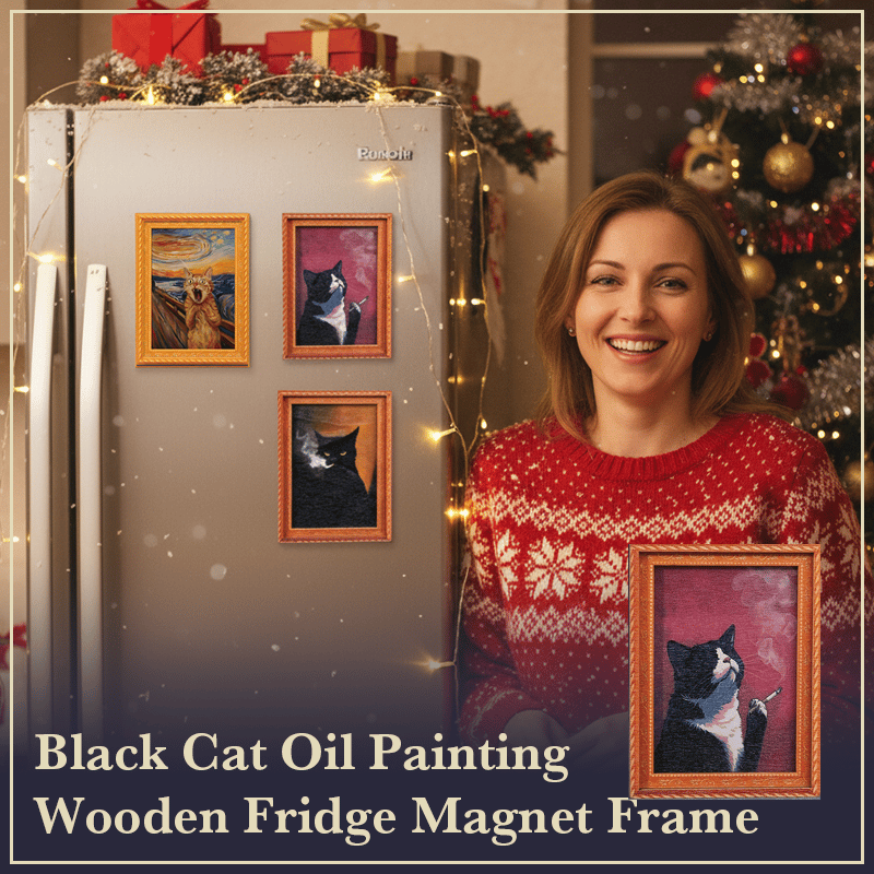 Black Cat Oil Painting Wooden Fridge Magnet Frame
