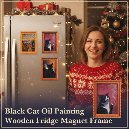 Black Cat Oil Painting Wooden Fridge Magnet Frame